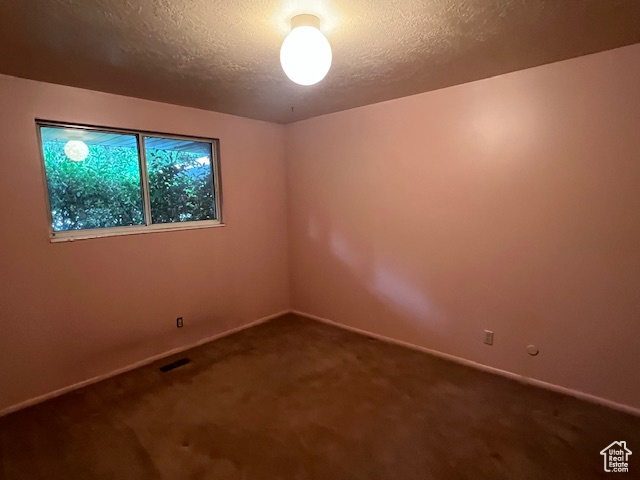 Empty room featuring a textured ceiling, carpet flooring, and baseboards