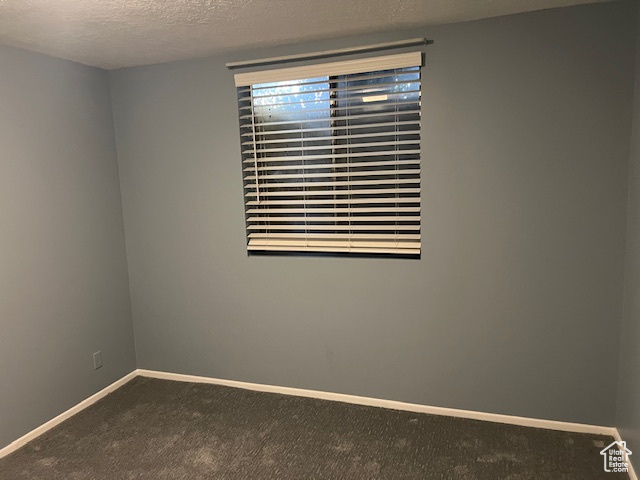 Empty room with dark carpet, baseboards, and a textured ceiling