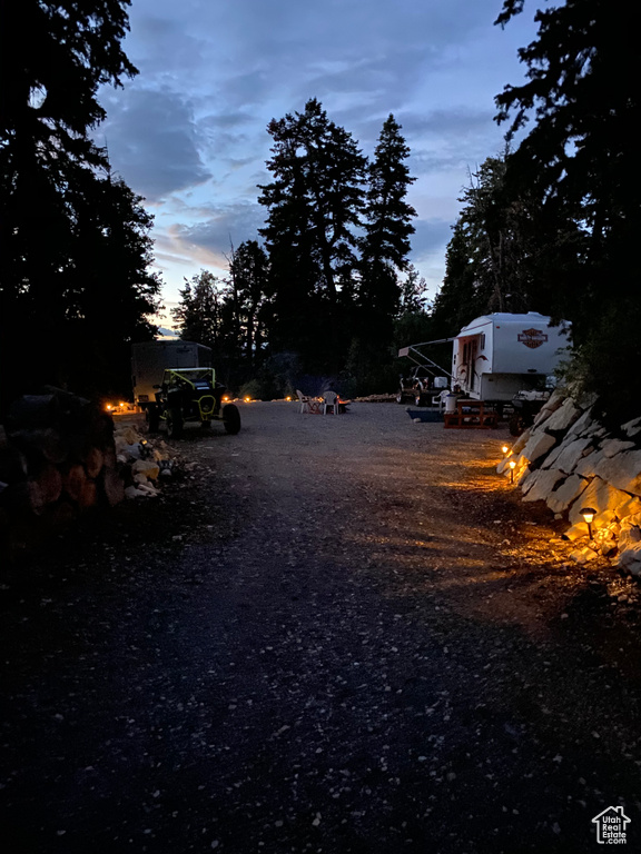 View of yard at dusk