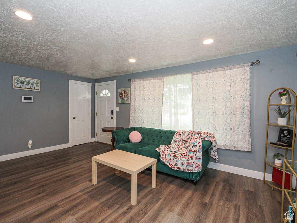 Living area featuring baseboards, wood finished floors, a textured ceiling, and recessed lighting