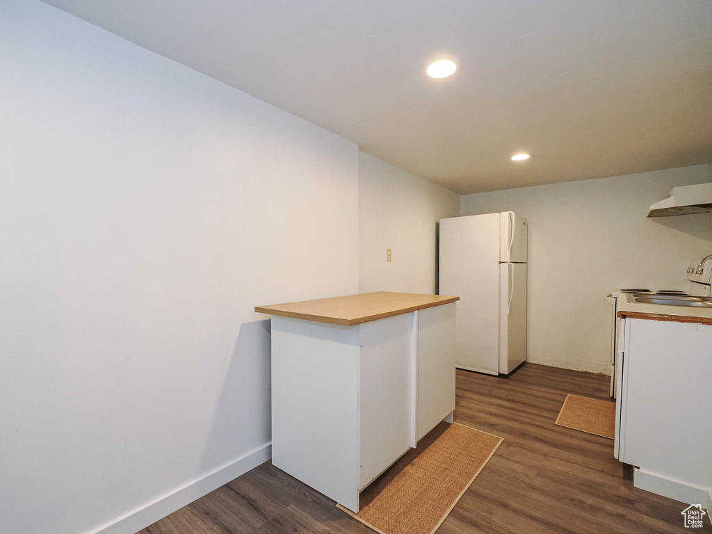 Kitchen featuring freestanding refrigerator, dark wood-style flooring, a sink, recessed lighting, and wooden counters