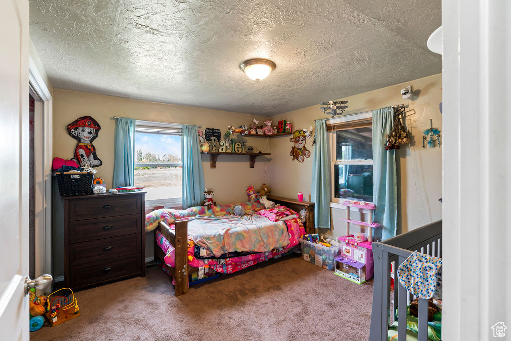 Carpeted bedroom featuring a textured ceiling