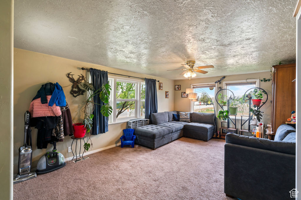 Carpeted living room with a ceiling fan, baseboards, and a textured ceiling