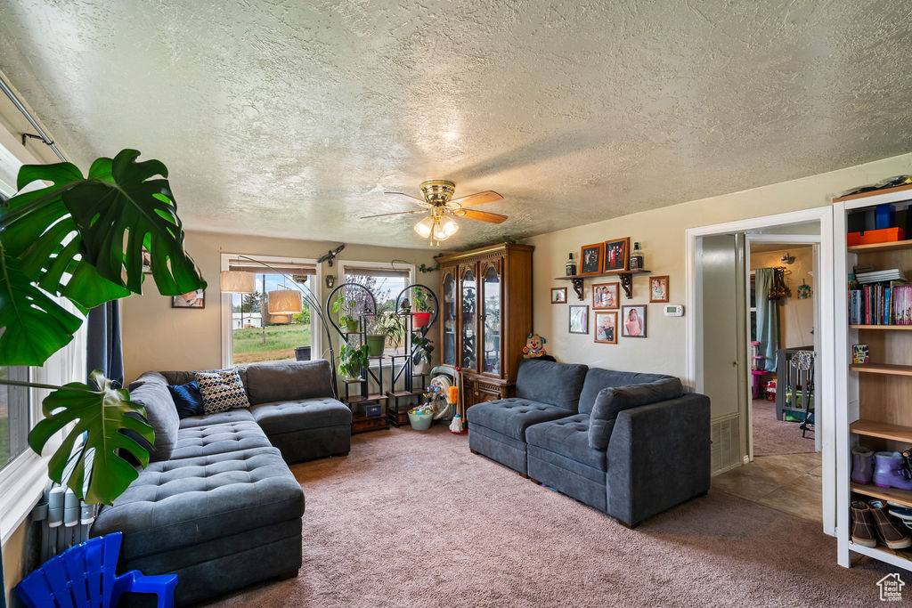 Carpeted living area featuring ceiling fan and a textured ceiling