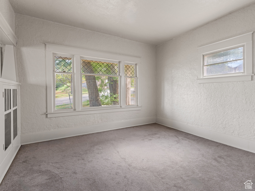 Empty room featuring carpet flooring, a textured wall, and baseboards