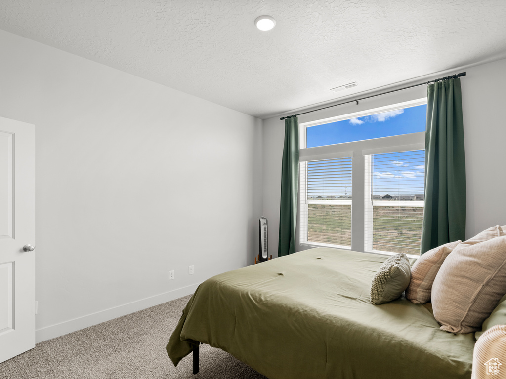Bedroom with carpet floors, baseboards, and a textured ceiling