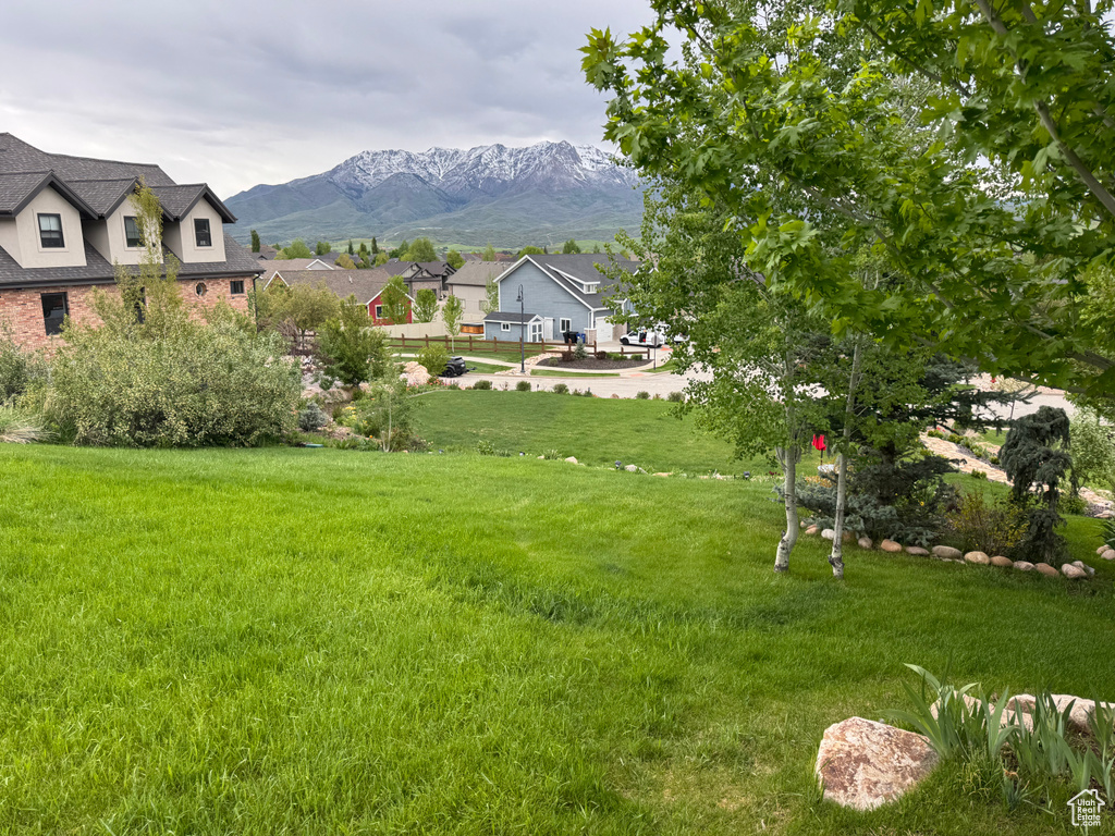 View of grassy yard featuring a mountain view and a residential view