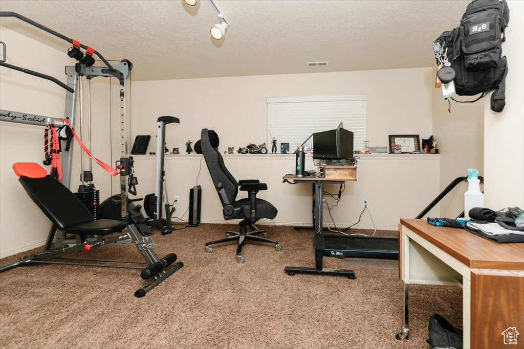 Exercise area with carpet flooring, baseboards, and a textured ceiling