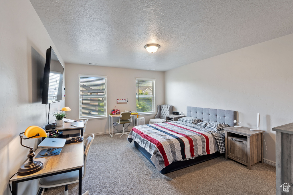 Bedroom featuring light carpet, a textured ceiling, an office area, and baseboards