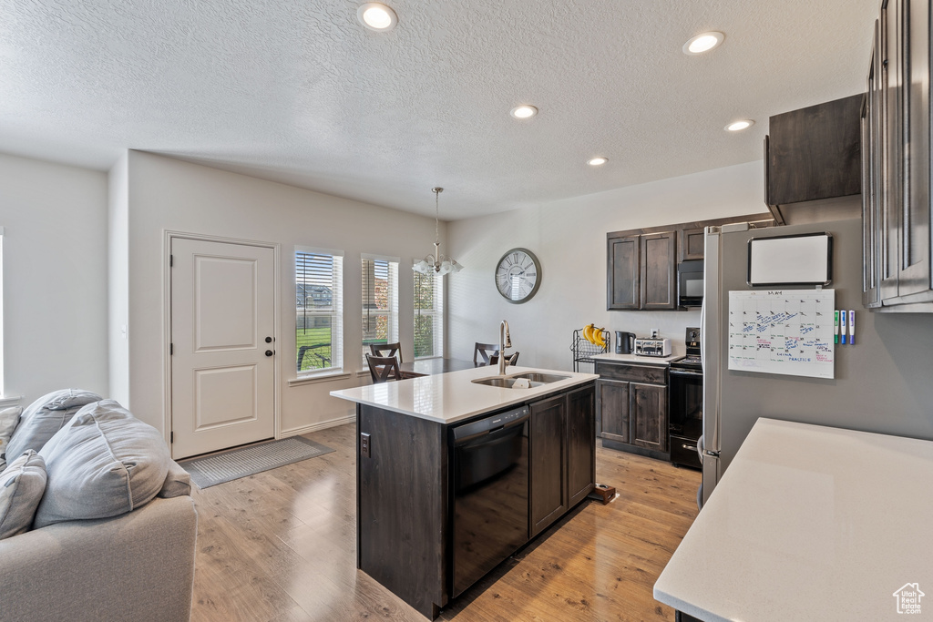 Kitchen featuring a sink, black appliances, open floor plan, dark brown cabinetry, and light countertops