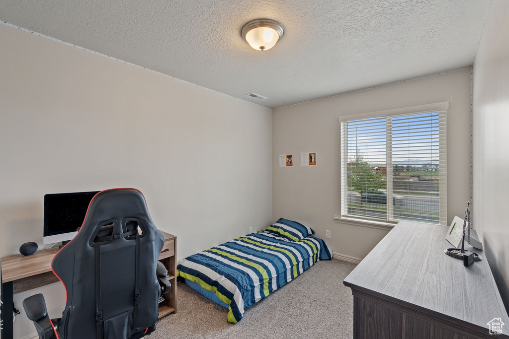 Bedroom featuring carpet, a textured ceiling, an office area, and baseboards