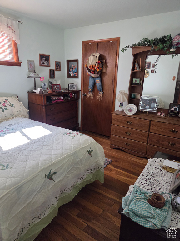 Bedroom featuring wood finished floors and a closet
