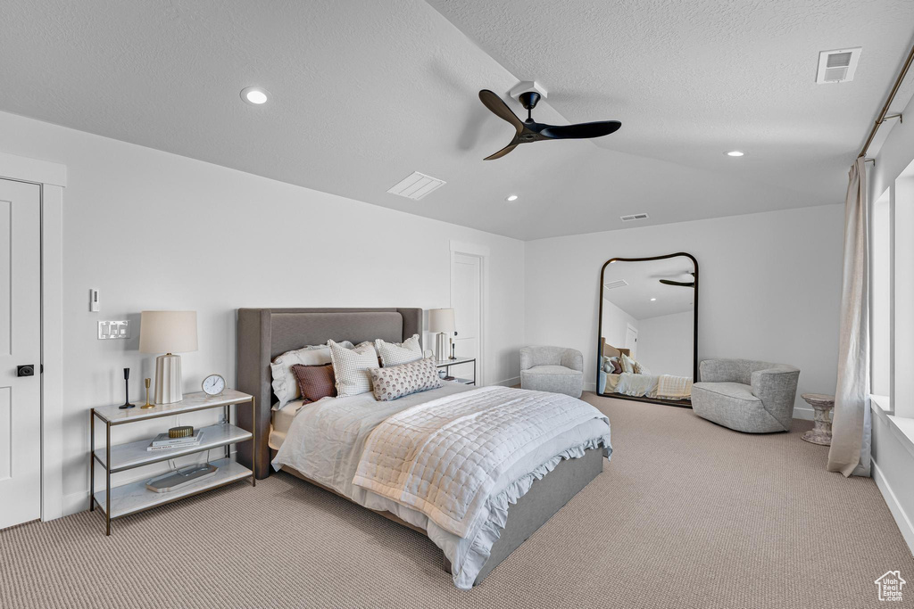 Bedroom with carpet, recessed lighting, and ceiling fan