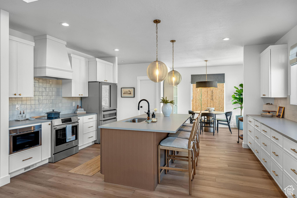 Kitchen featuring stainless steel appliances, premium range hood, a sink, backsplash, and a kitchen island with sink