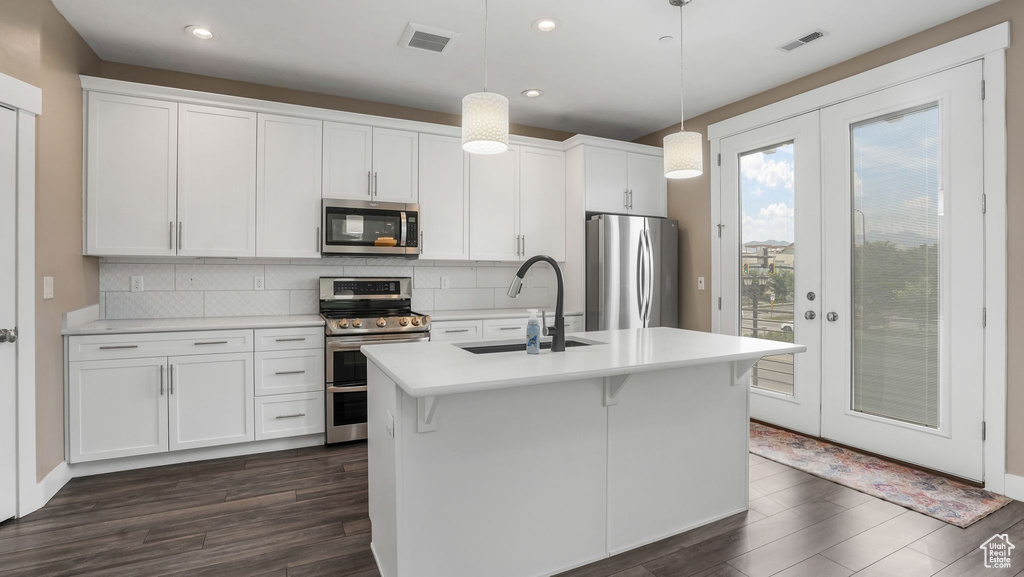 Kitchen with appliances with stainless steel finishes, a sink, dark wood-style floors, recessed lighting, and decorative backsplash