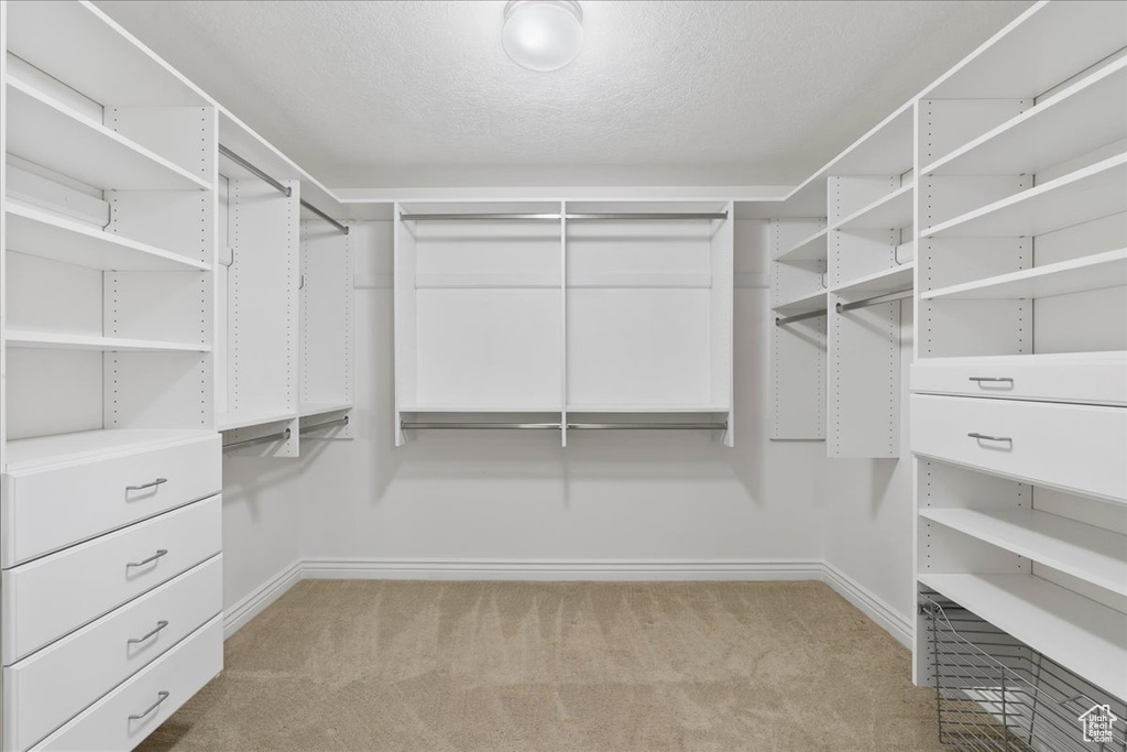 Walk in closet featuring light colored carpet