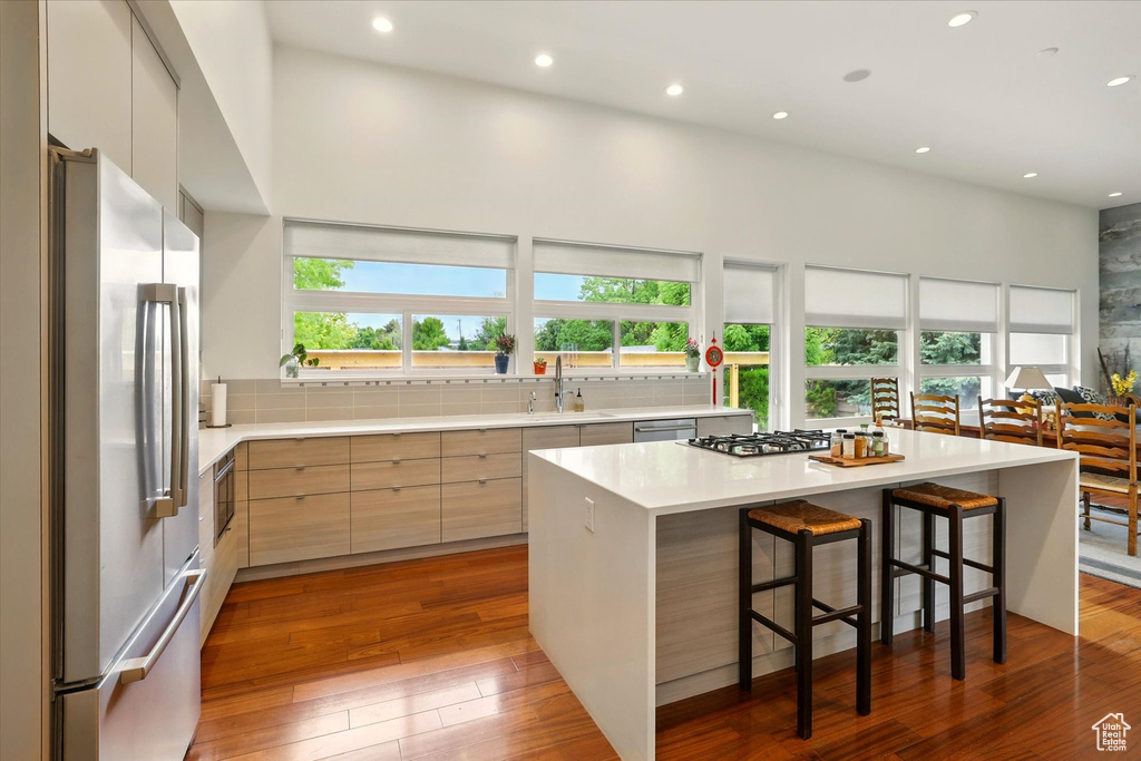 Kitchen with appliances with stainless steel finishes, modern cabinets, healthy amount of natural light, recessed lighting, and a sink