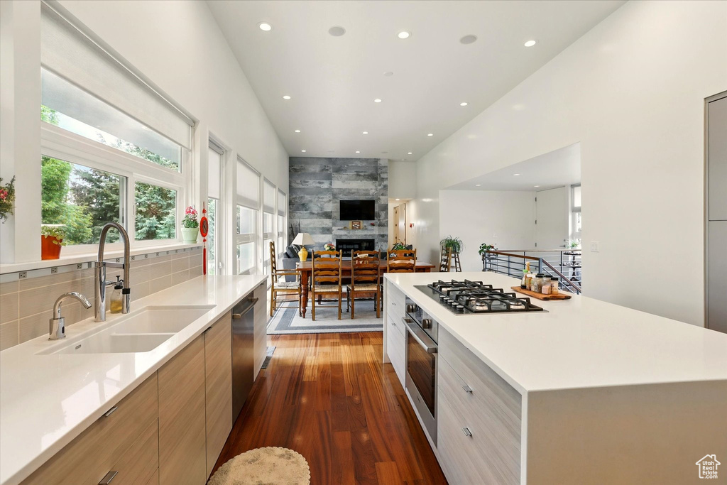 Kitchen with a sink, modern cabinets, stainless steel appliances, recessed lighting, and wood finished floors