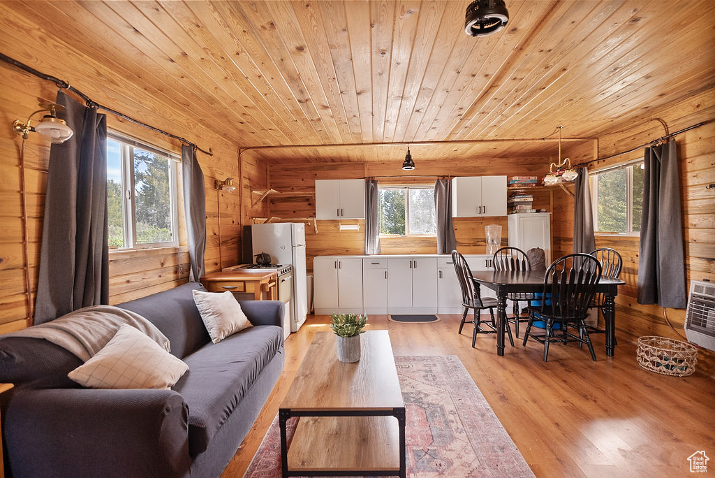 Living area featuring wooden ceiling, light wood-style floors, and wooden walls