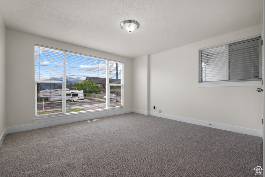 Carpeted spare room with baseboards and a textured ceiling