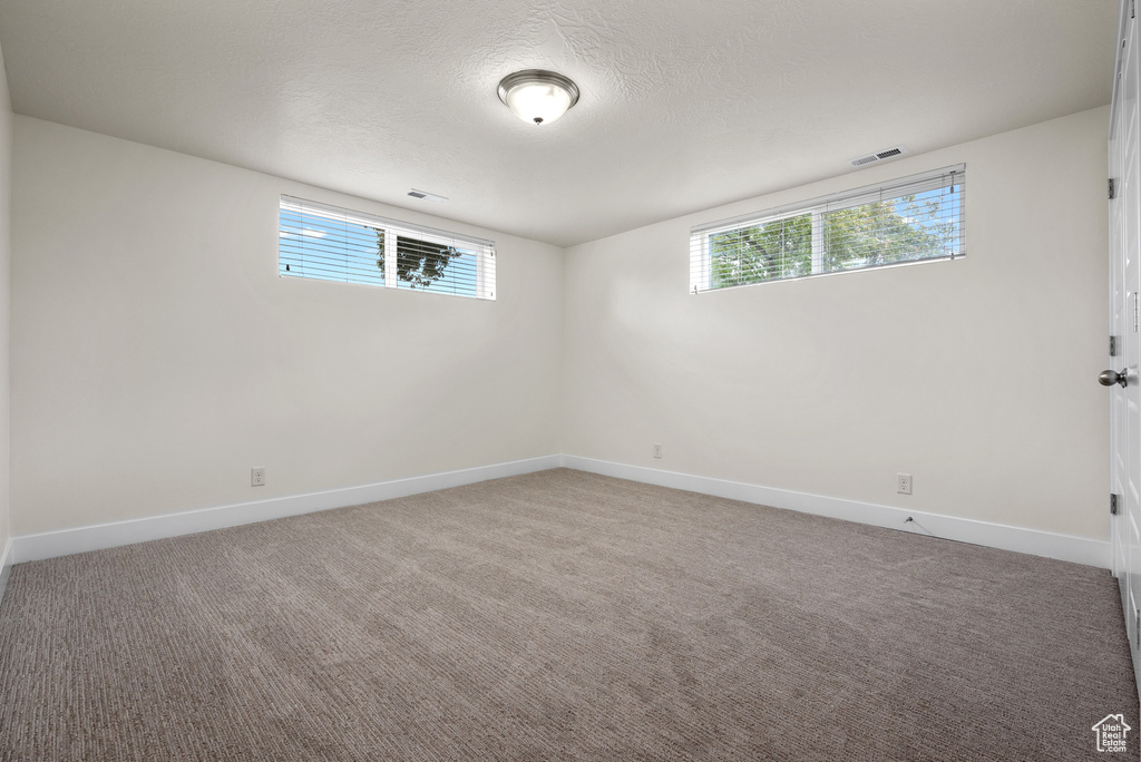 Carpeted empty room with healthy amount of natural light, baseboards, and a textured ceiling