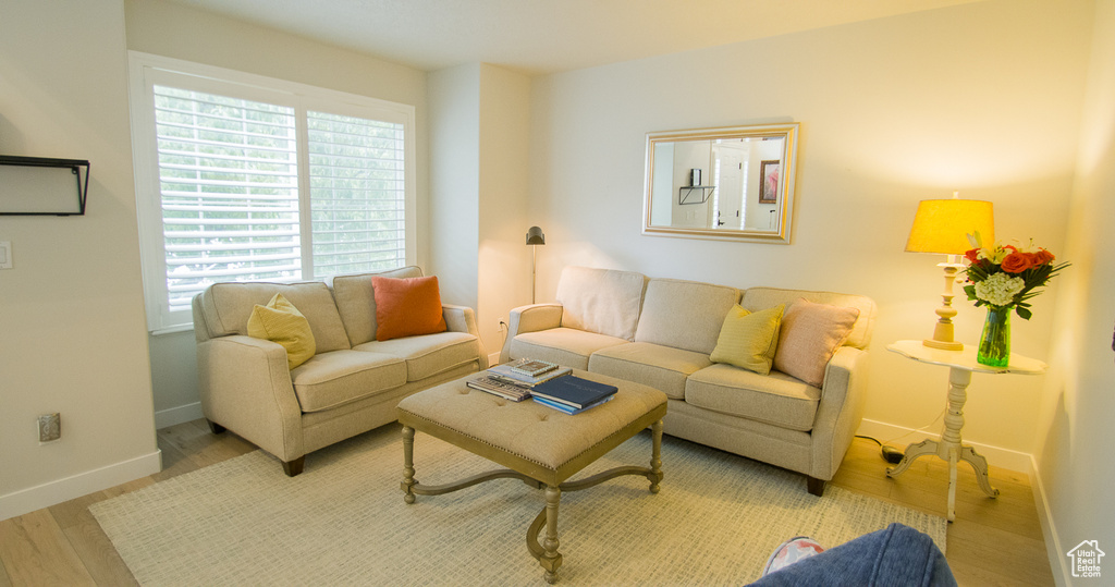 Living room with wood finished floors, healthy amount of natural light, and baseboards