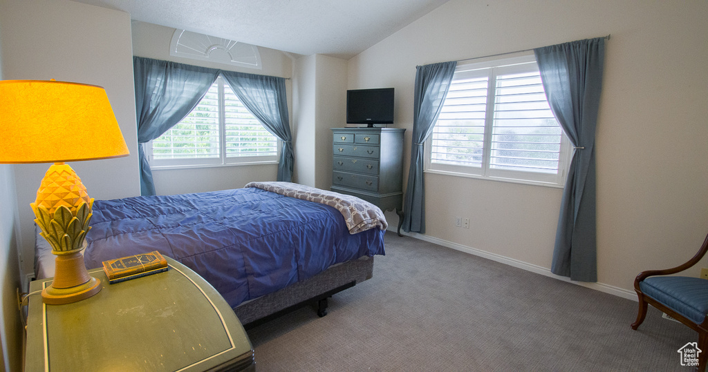 Bedroom with vaulted ceiling, carpet flooring, and baseboards
