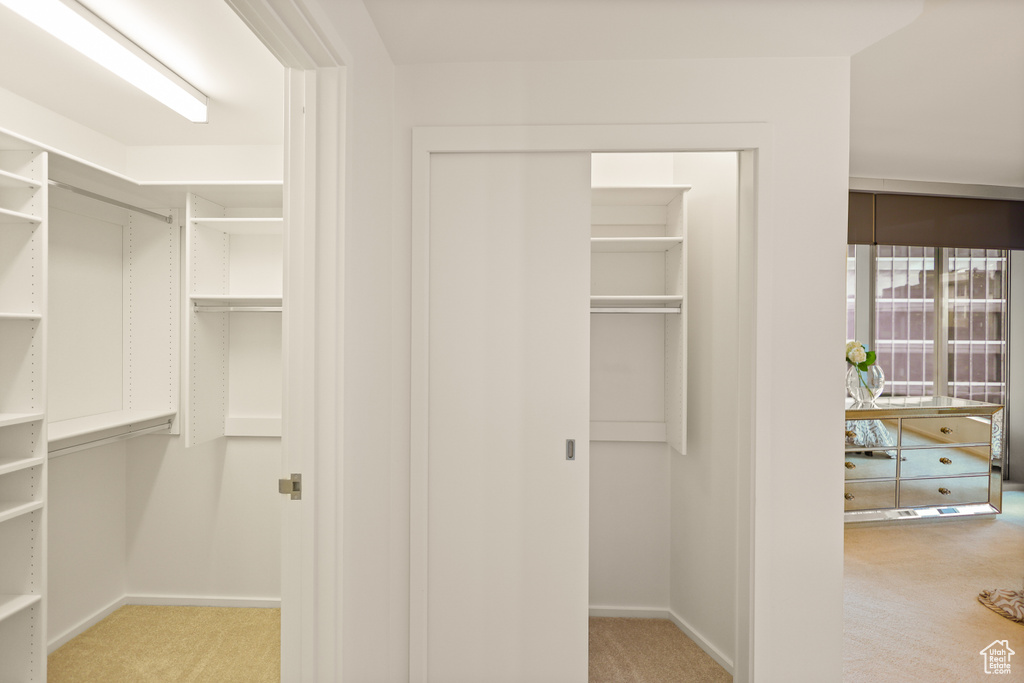 Walk in closet with light colored carpet