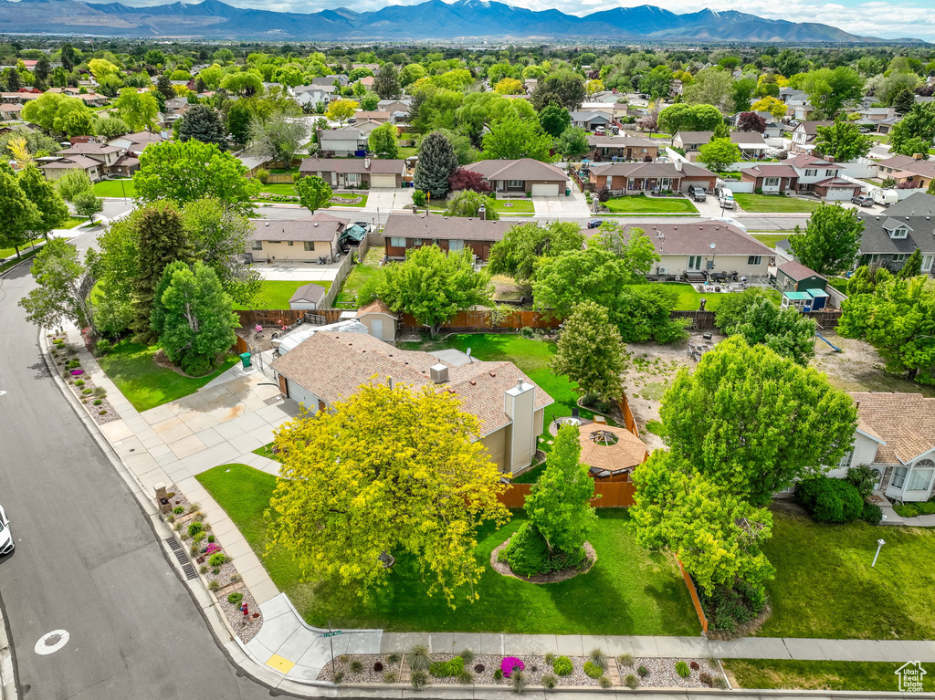 Aerial perspective of suburban area featuring mountains