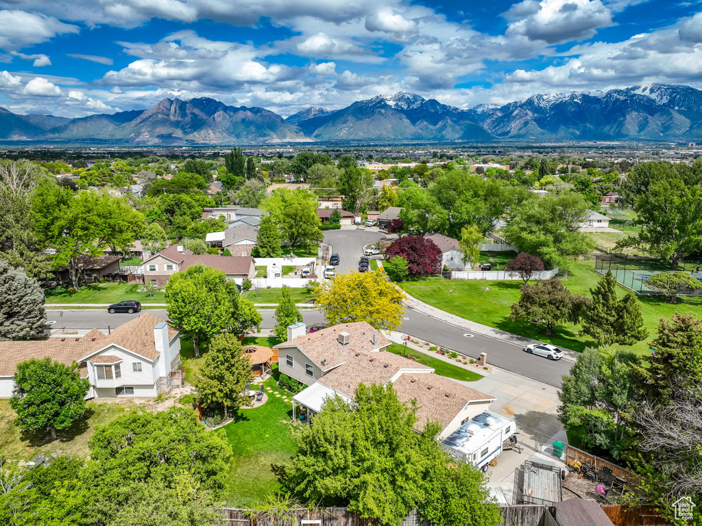 Aerial perspective of suburban area with mountains