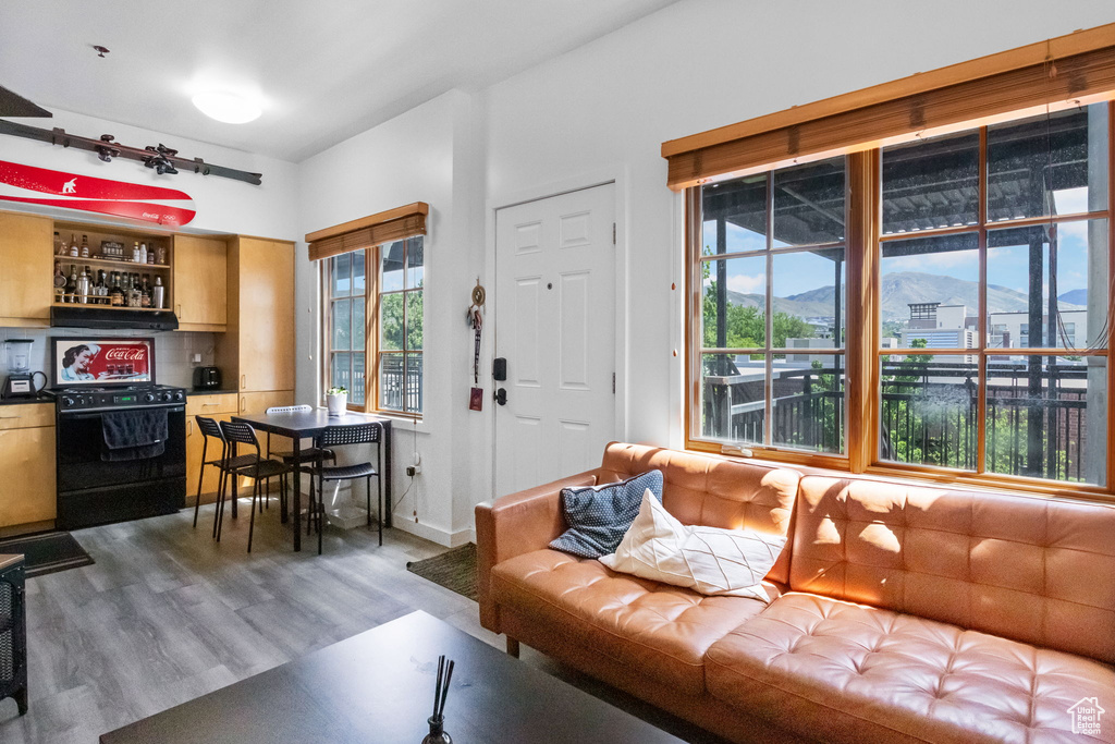 Living room featuring wood finished floors, a bar, and baseboards