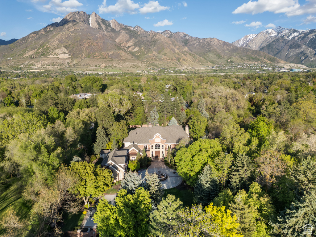 Aerial view of property\\\'s location with a heavily wooded area and a mountain backdrop