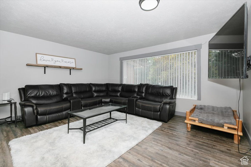 Living room with wood finished floors, a textured ceiling, and baseboards