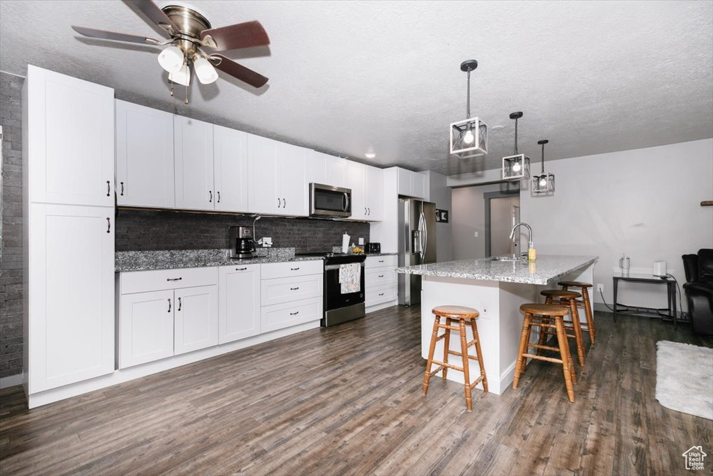 Kitchen featuring stainless steel appliances, dark wood-style floors, a sink, a kitchen breakfast bar, and a ceiling fan