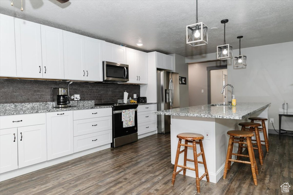 Kitchen with stainless steel appliances, a sink, dark wood-style floors, decorative backsplash, and white cabinets