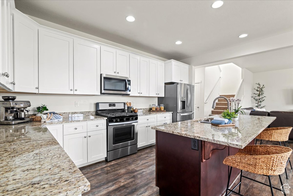 Kitchen featuring appliances with stainless steel finishes, a sink, dark wood-style floors, light stone countertops, and open floor plan