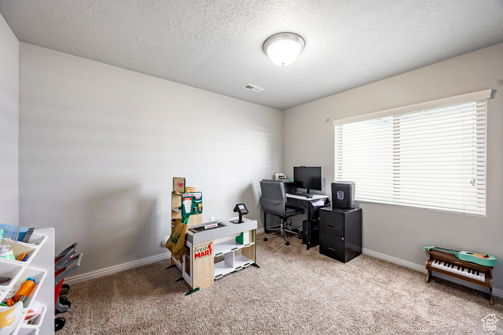 Carpeted office featuring a textured ceiling and baseboards
