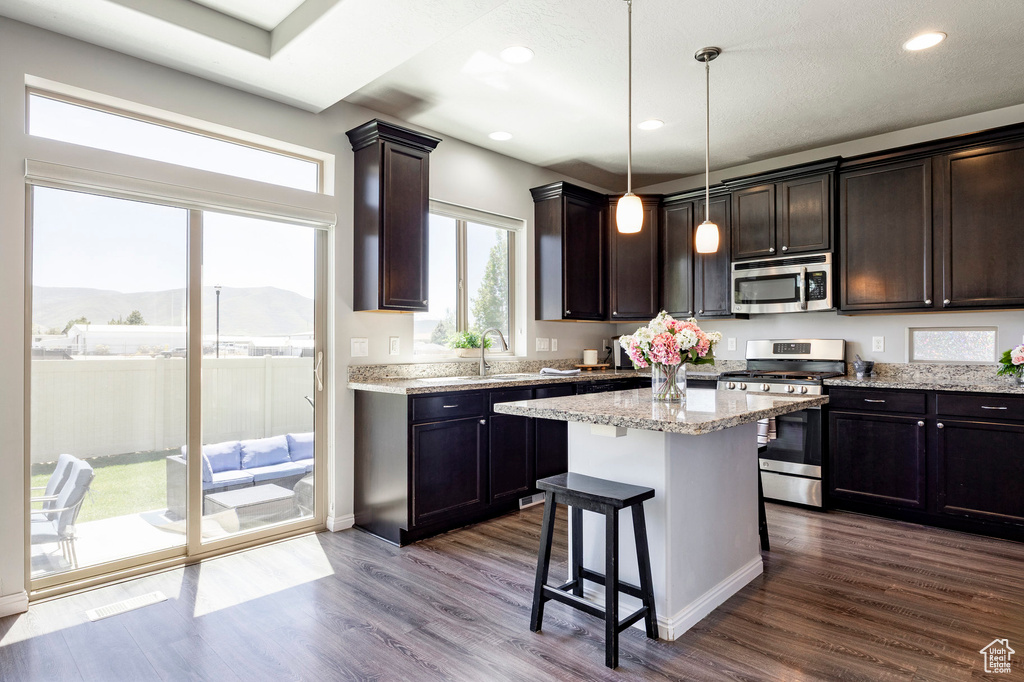Kitchen featuring stainless steel appliances, dark wood-type flooring, a kitchen bar, a sink, and dark brown cabinets