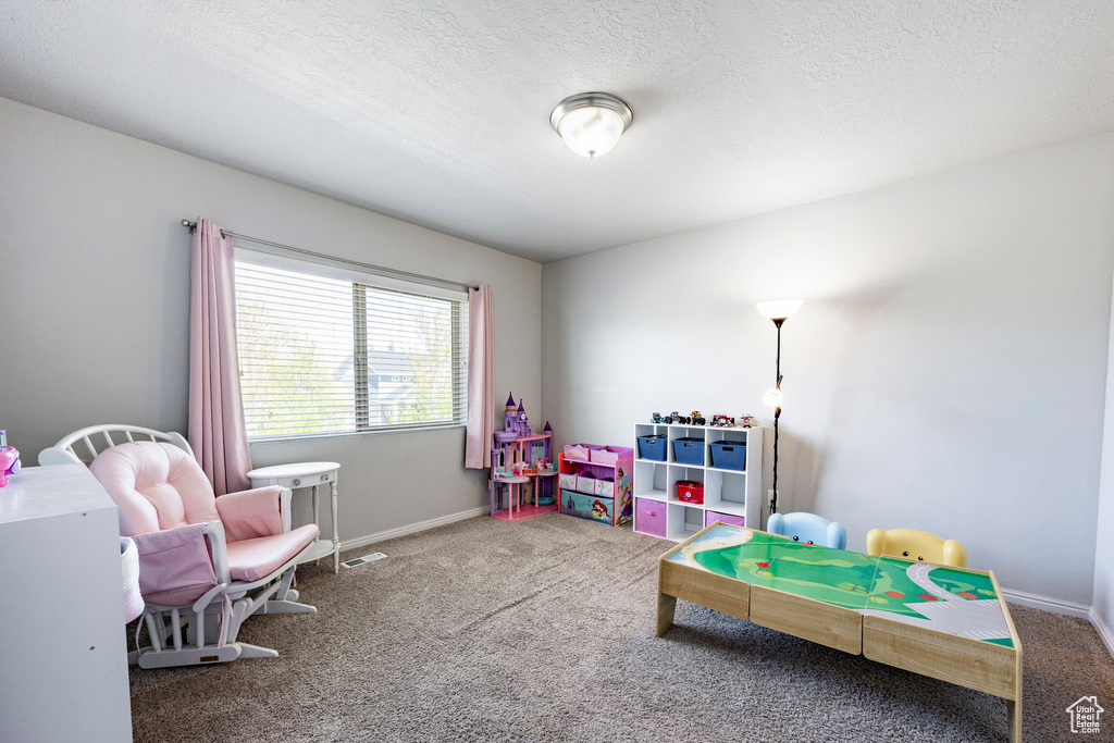 Recreation room with carpet flooring, a textured ceiling, and baseboards