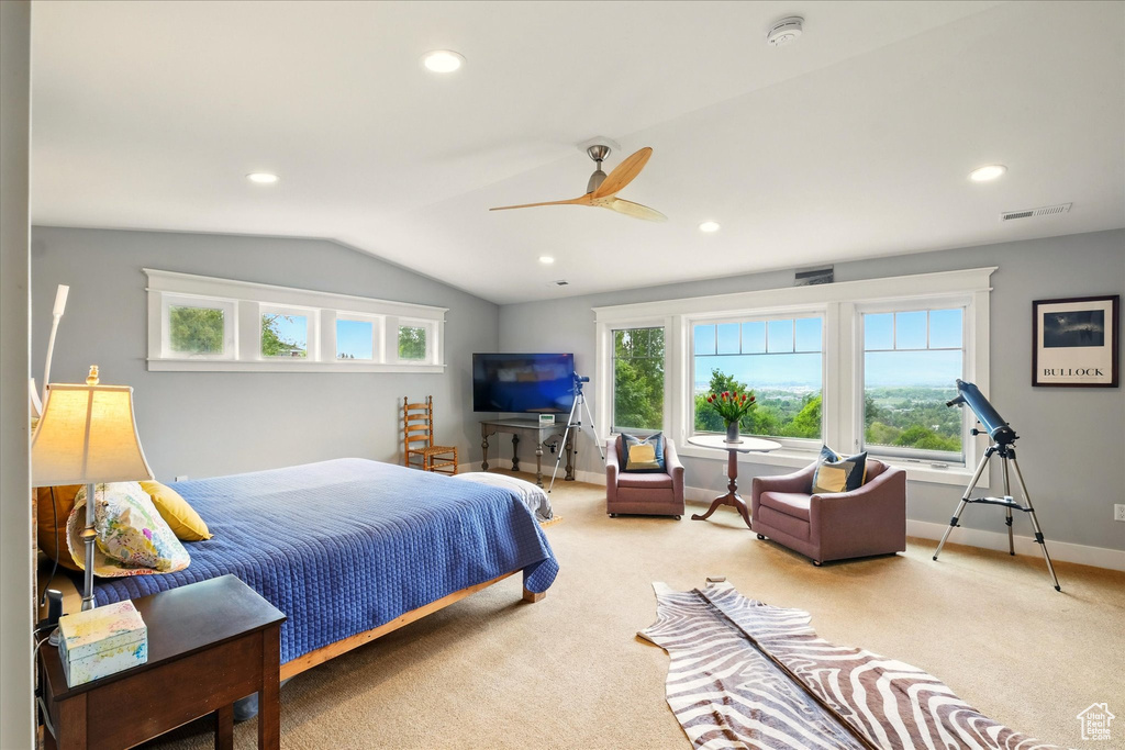 Bedroom with carpet floors, recessed lighting, ceiling fan, vaulted ceiling, and baseboards