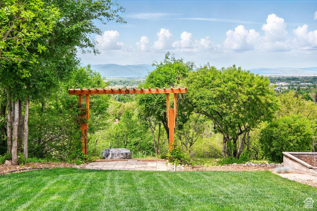 View of grassy yard with a mountain view