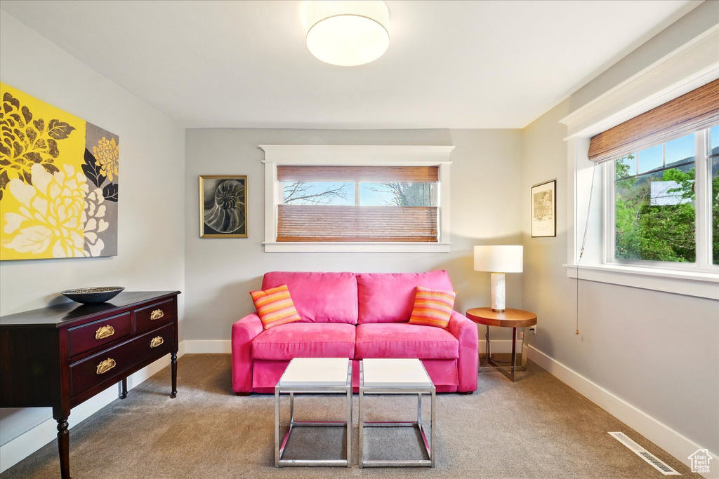 Living area with carpet flooring and baseboards