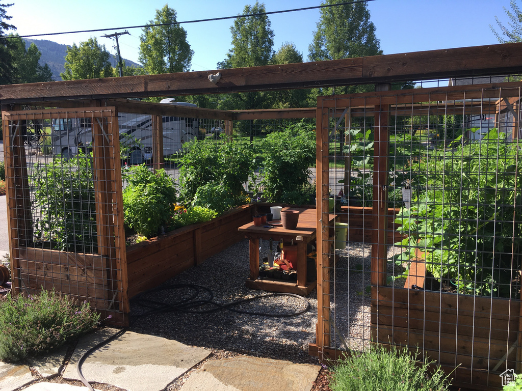 View of patio with a vegetable garden and a mountain view