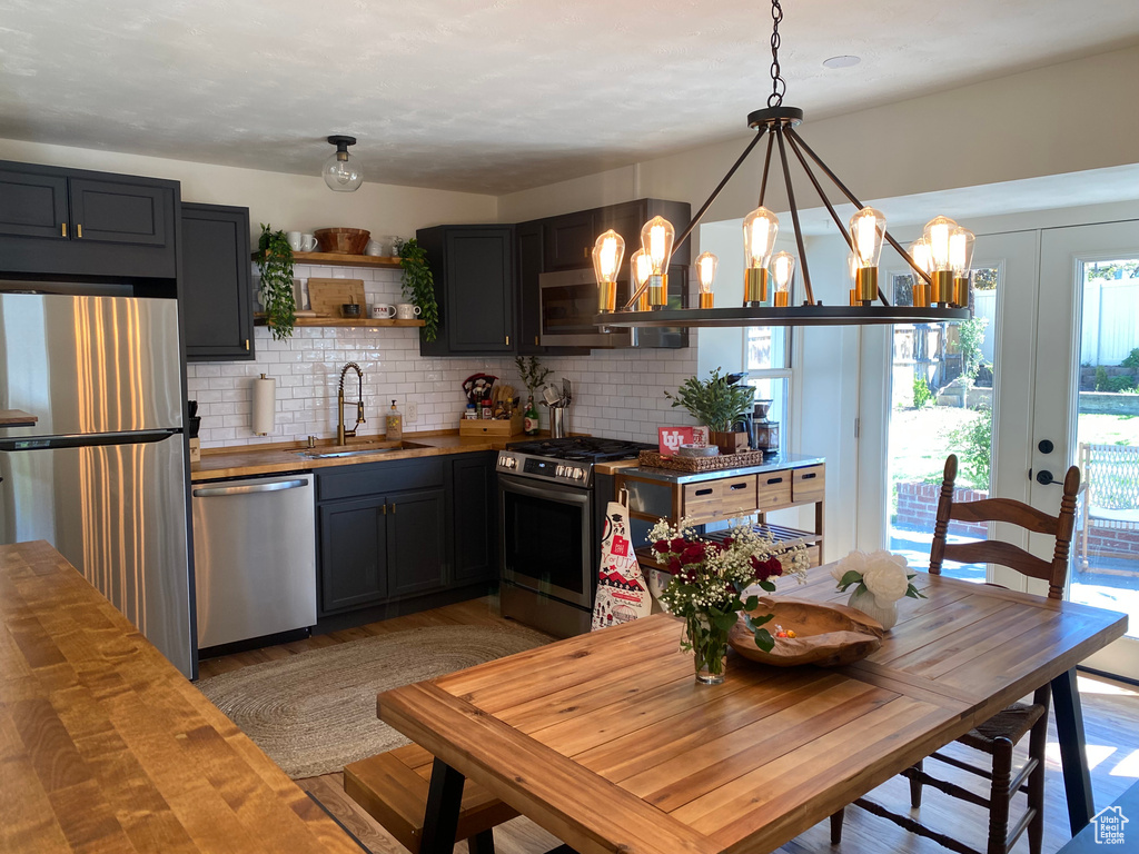 Kitchen featuring stainless steel appliances, a sink, butcher block countertops, and decorative backsplash