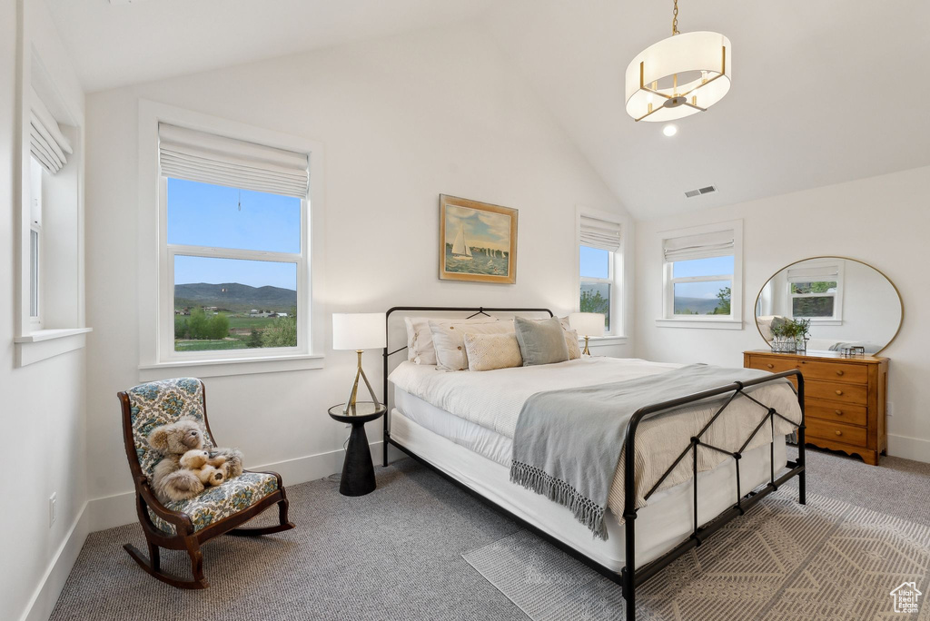 Bedroom with carpet flooring, baseboards, and high vaulted ceiling
