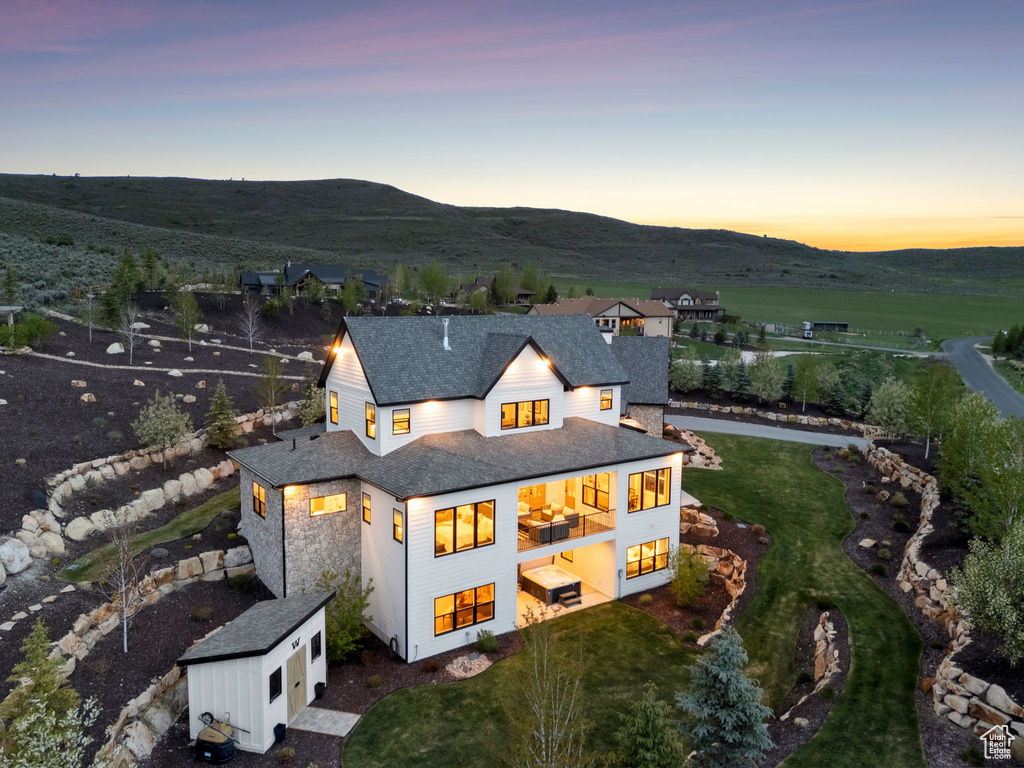 Aerial view at dusk of a mountain view