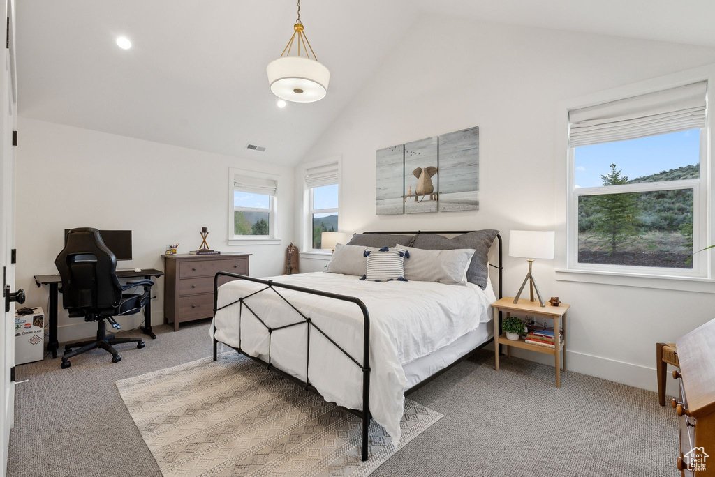 Bedroom featuring carpet floors, an office area, high vaulted ceiling, and baseboards