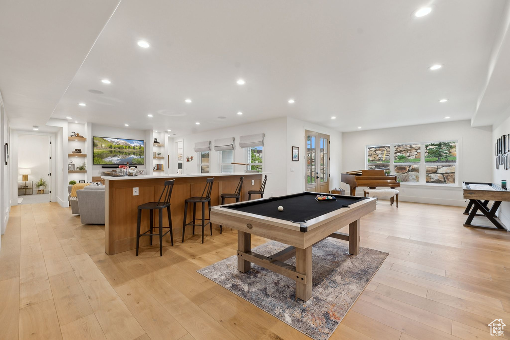 Game room featuring billiards, recessed lighting, and light wood-style floors