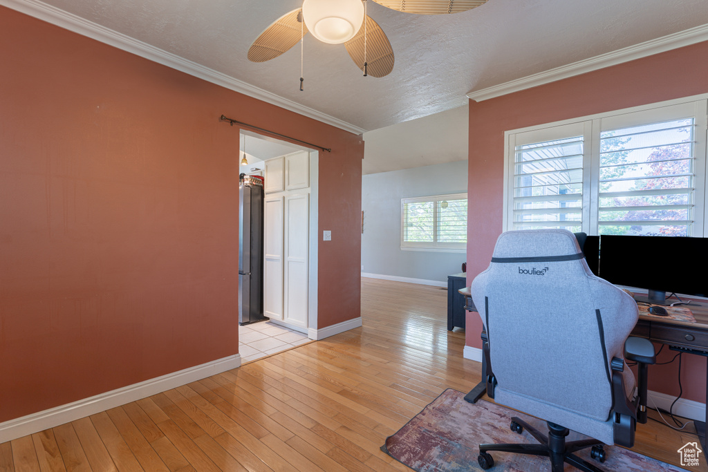 Office space featuring ornamental molding, light wood-type flooring, baseboards, and ceiling fan