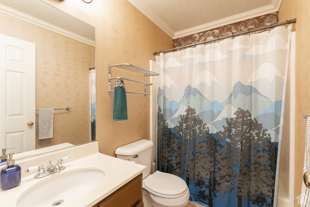 Full bathroom with toilet, vanity, and ornamental molding